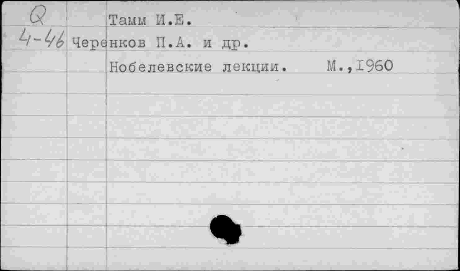 ﻿<3	Тамм И.Е.			1
Чере	нков П.А. и	др.		
	Нобелевские	лекции.	М.,1960	
				
				
				
	•			
				
				
				
				
				